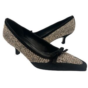 Stuart Weitzman Black Bow Tweed Snip Toe Slip-On Dress Heels shoes Women's 5 M